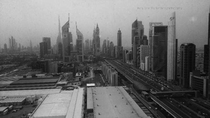 Sheikh Zayed Road, Dubai, Twin Towers, Monochrome