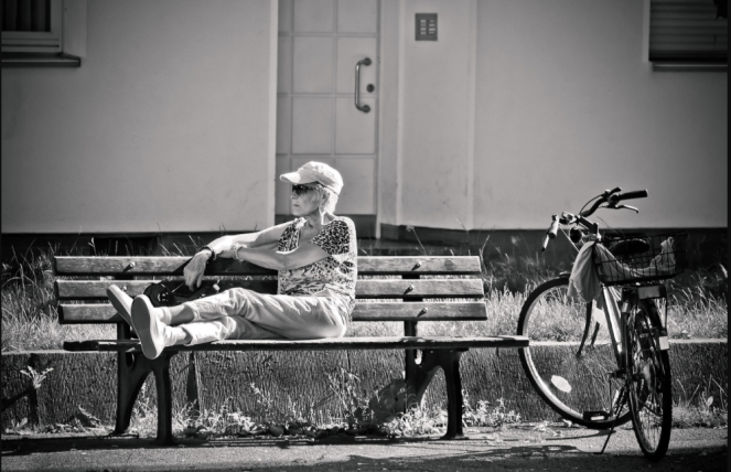 Senior-Woman-Monochrome-Bicycle-Sitting-Aged-Bank-Relaxing
